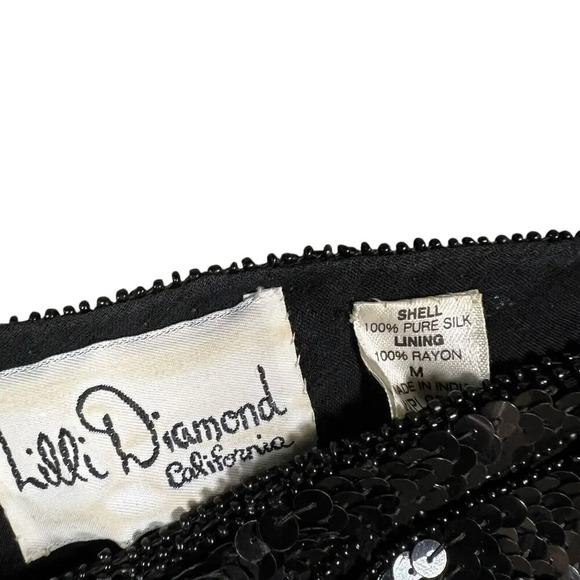 Vintage Lilli Diamond Black Sequin V Neck Silk Blouse Short Sleeve Size Medium - Picture 2 of 8